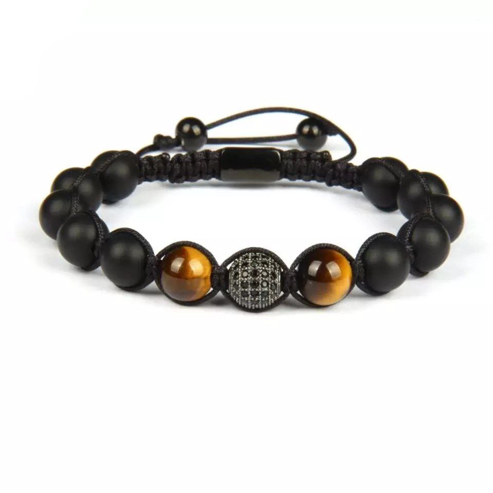 Double Tiger Eye Onyx and Cz Rhodium Bracelet